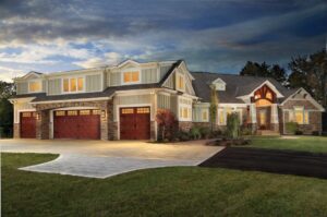 large home with wooden garage doors